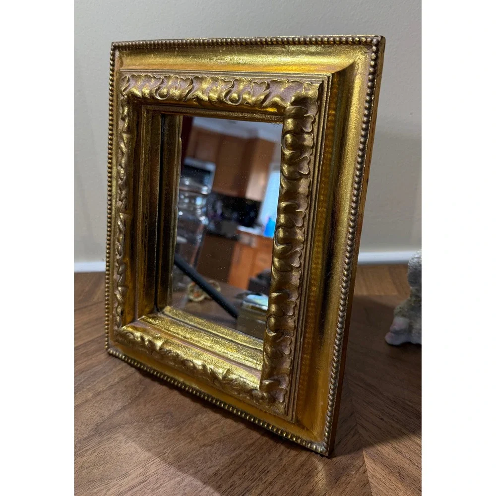 Vintage Gold Ornate Baroque Tabletop Vanity Mirror Easel Back 7.5x9.5 Frame